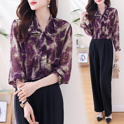 法式时尚雪纺飘带气质上衣，云锦丝荷叶领显瘦百搭衬衣KQL-E324N1408 商品图3