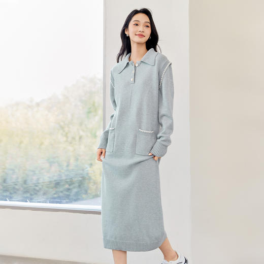 IC  POLO领针织贝壳刺绣设计连衣裙女新款秋气质通勤长裙 商品图2