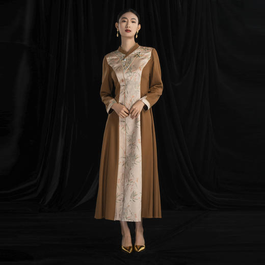 吉祥衣家宋锦复古国风高端气质显瘦优雅新中式女装绿竹猗猗连衣裙 商品图2