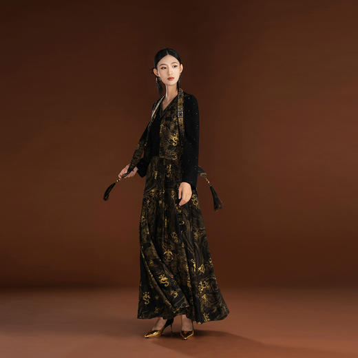 吉祥衣家新中式国风轻奢设计高端黑色假两件女可拆深弘道艺连衣裙 商品图2