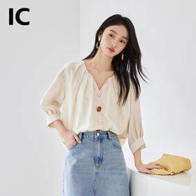 IC奶油白设计感v领露锁骨衬衫短袖显瘦上衣夏新款短款衬衣女