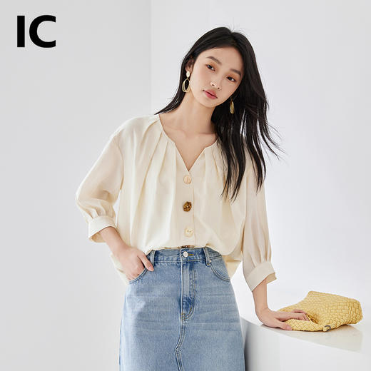 IC奶油白设计感v领露锁骨衬衫短袖显瘦上衣夏新款短款衬衣女 商品图0