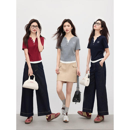 【专属特价】熙世界2025夏季新款撞色V领假两件T恤女短袖独特显瘦修身短款上衣 商品图2