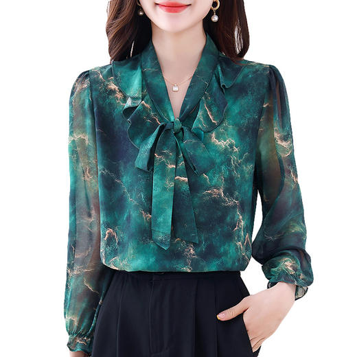 法式通勤飘带气质印花上衣，荷叶边优雅显瘦百搭衬衣KQL-E324N1413 商品图4