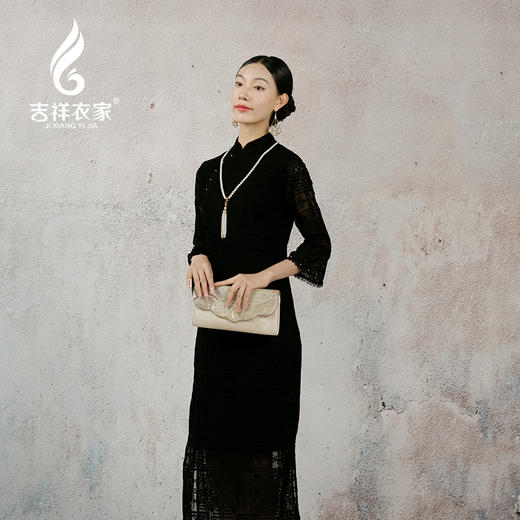 吉祥衣家新中式国风春夏款高端气质显瘦修身女装黑美人珍珠连衣裙 商品图3