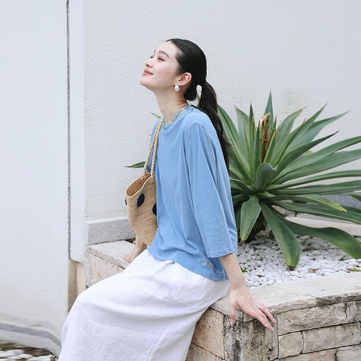 绽放旅行女装207朵/QQ糖T恤棉高支薄小圆领落肩七分袖百搭上衣 商品图0