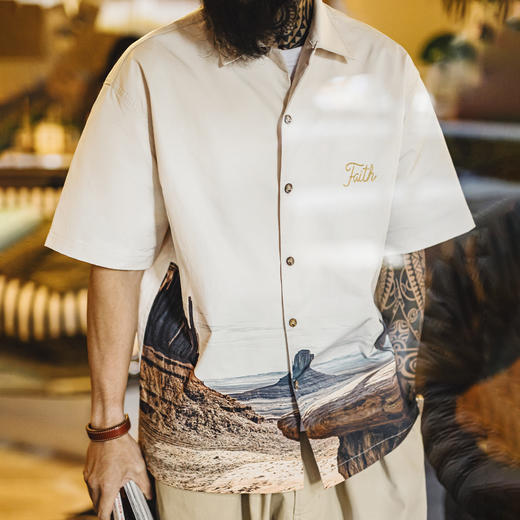 工装优选美式复古纪念碑谷古巴领衬衫短袖印花vintage衬衣男春夏 商品图4