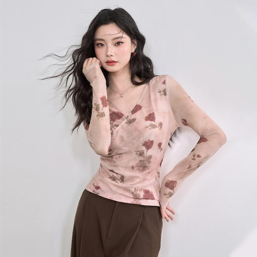 纯欲辣妹风玫瑰印花V领长袖T恤女2025春夏收腰修身上衣V0550223 商品图0
