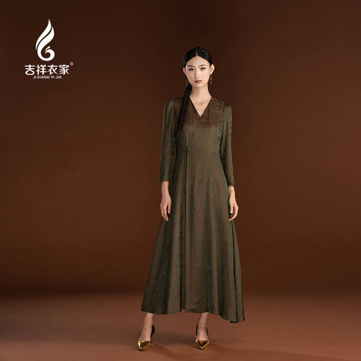 吉祥衣家国风V领气质优雅高级新中式显瘦轻奢女装山扶晚月连衣裙 商品图0