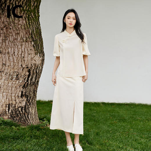 *IC新中式国风泡泡袖上衣直身半裙新款休闲优雅高级气质套装女 商品图3