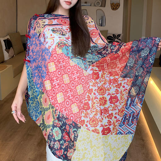 雀说国风双层盘扣丝巾女夏季空调房披肩新款民族风旗袍围巾ALJ372JZ 商品图1