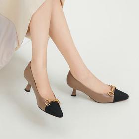 顺丰包邮42614洛诗琳双色小羊皮拼接尖方头马衔扣猫跟鞋31215