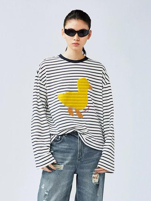 【断码 清仓 凑单】乌丫 25春季新款 可爱小黄鸭印花海魂条纹T恤 商品图0