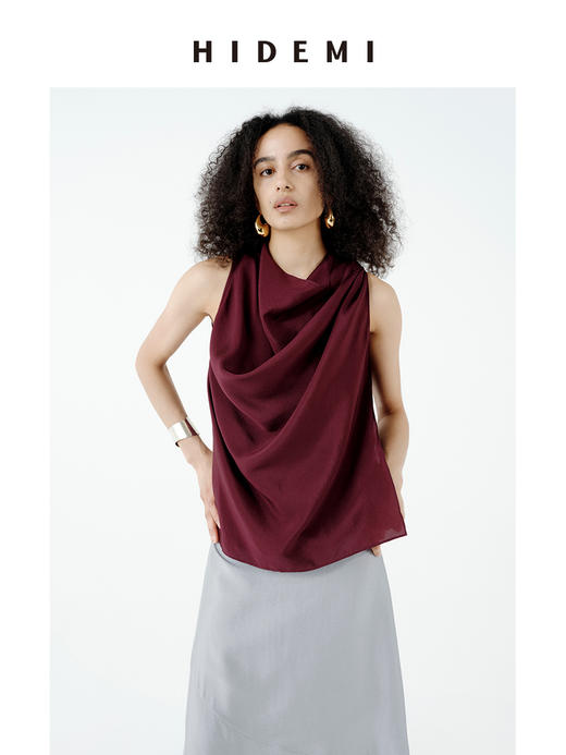 HIDEMI 极简设计感堆叠荡漾领缎面再生纤维飘逸感定染勃艮第红套装 上衣/阔腿裙裤 商品图6