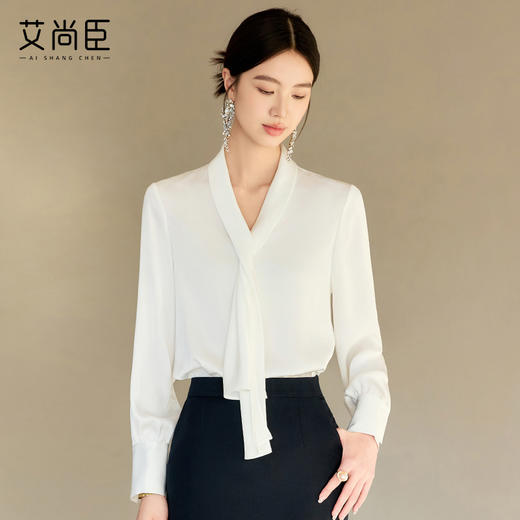 艾尚臣白色小众时尚洋气飘带衬衫女春秋季新款高级感时髦上衣衬衣 商品图4