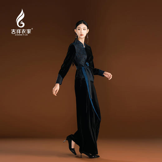 吉祥衣家弹力时尚气质新中式提花阔腿裤云容漫卷裤子 商品图0