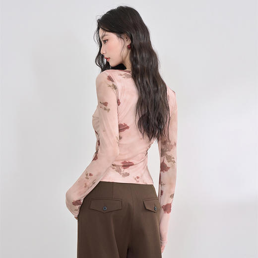 纯欲辣妹风玫瑰印花V领长袖T恤女2025春夏收腰修身上衣V0550223 商品图4