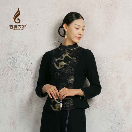 吉祥衣家新中式国风复古春夏新款高端气质显瘦修身女装跃龙腾上衣 商品图0