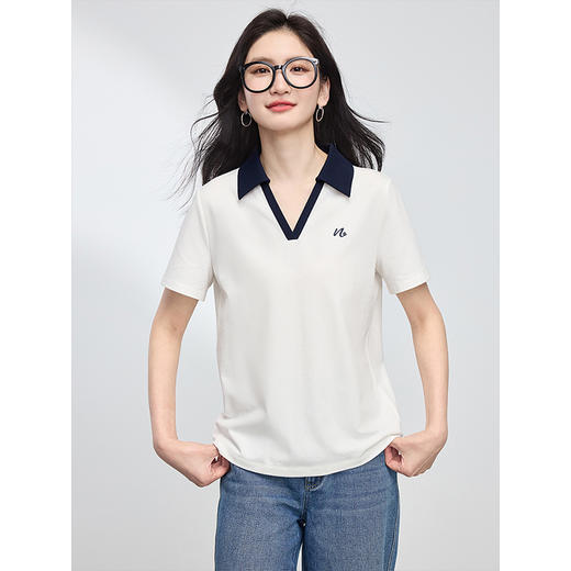 【1件9折】熙世界撞色翻领POLO衫短袖t恤女夏季2025新款小个子显瘦休闲上衣 商品图4