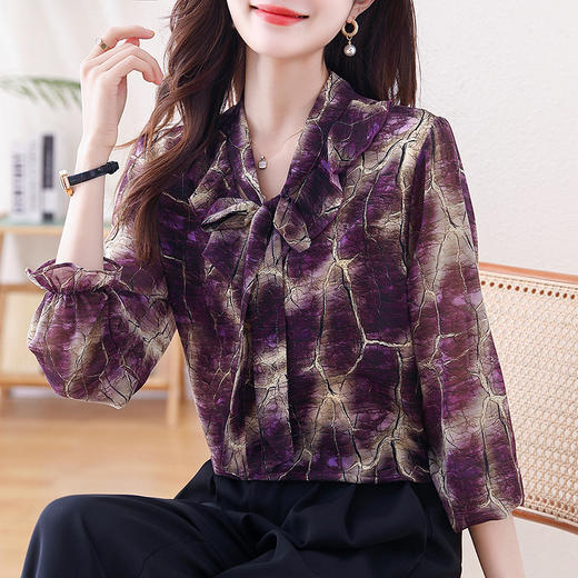法式时尚雪纺飘带气质上衣，云锦丝荷叶领显瘦百搭衬衣KQL-E324N1408 商品图0