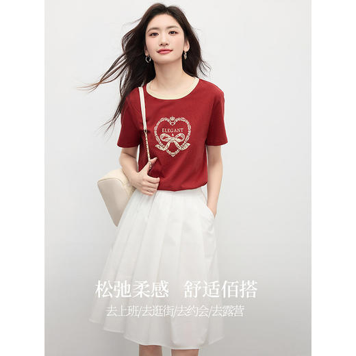 【专属特价】熙世界2025夏季新款美式复古印花正肩t恤女短袖撞色圆领纯棉上衣 商品图2
