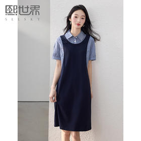 【专属特价】熙世界通勤优雅格纹衬衫领拼接裙子短袖假两件连衣裙女2025夏新款