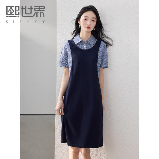 【专属特价】熙世界通勤优雅格纹衬衫领拼接裙子短袖假两件连衣裙女2025夏新款 商品图0