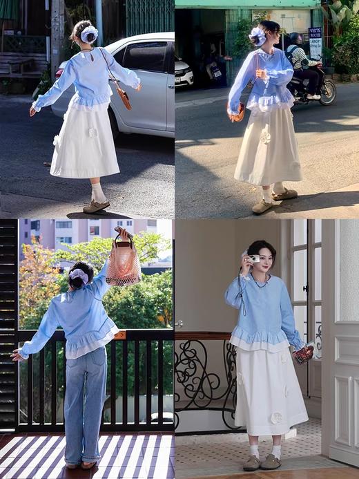 浮生八记/25A019/英式拼接牛仔蓝色芭蕾花瓣双层下摆衬衫 商品图2
