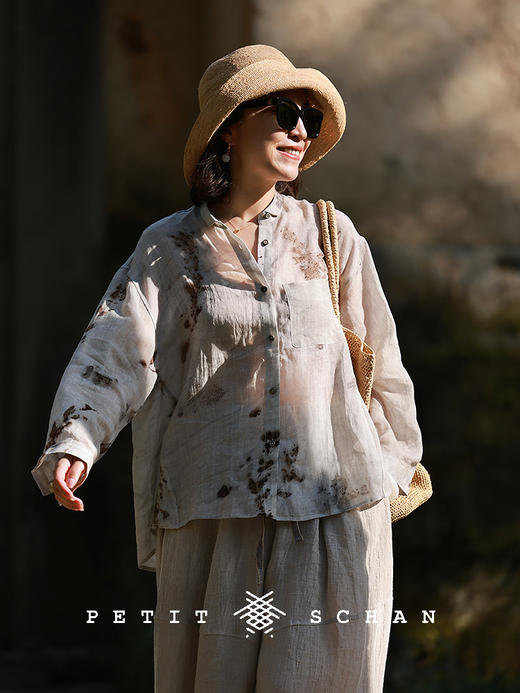 PETIT SCHAN小闪 CLO#775 the confession of eucalyptus 尤加利的告白 苎麻莱赛尔水墨印花衬衫 商品图4