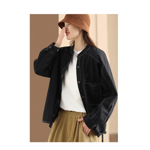 百媚生 复古斜纹棉质长袖衬衫女立领开衫2412 商品图2