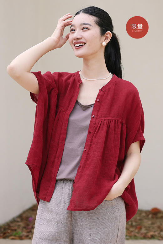 绽放旅行女装173朵/稀疏亚麻连肩中袖立领宽松版型休闲文艺衬衫 商品图5