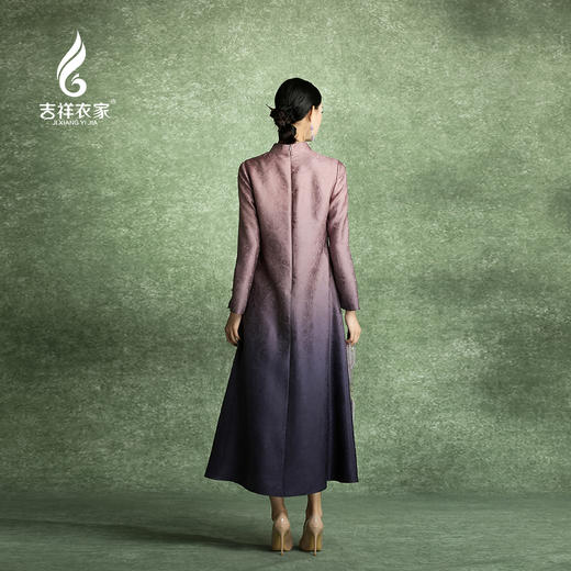 吉祥衣家新中式国风复古桑蚕丝高端气质修身女装炉烟双袖紫连衣裙 商品图4