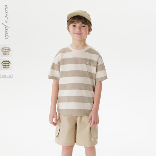 马克珍妮男童美式休闲条纹短袖T恤 儿童上衣2025年夏装新款550629 商品图0