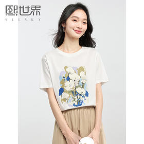 【专属特价】熙世界休闲文艺风插画印花T恤女短袖宽松圆领上衣2025年夏季新款