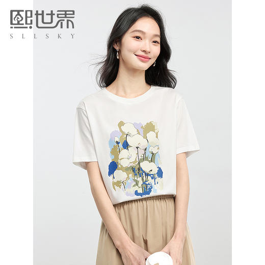 【专属特价】熙世界休闲文艺风插画印花T恤女短袖宽松圆领上衣2025年夏季新款 商品图0