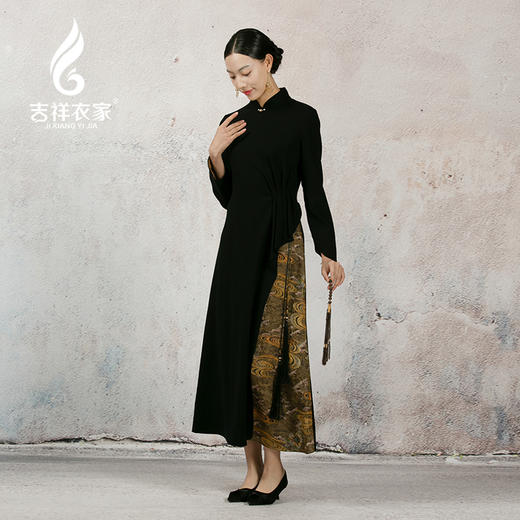 吉祥衣家新中式国风绵羊毛连衣裙高端气质显瘦修身女装玄云连衣裙 商品图1