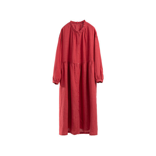 绽放旅行女装041朵/纯亚麻微皱花边领落肩长袖H型开襟文艺连衣裙 商品图4