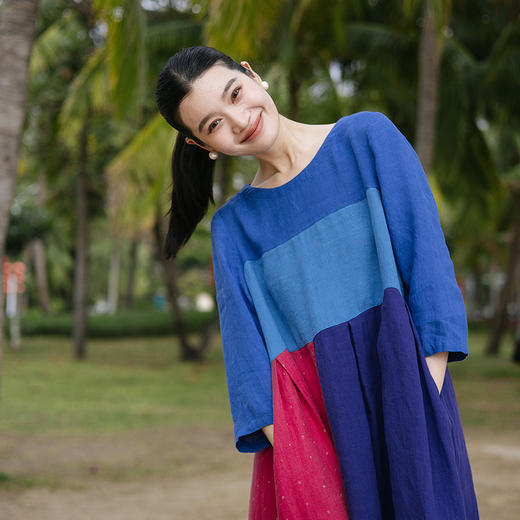 绽放旅行女装206朵/彩虹糖裙子亚麻拼接撞色前后两穿七分袖连衣裙 商品图2
