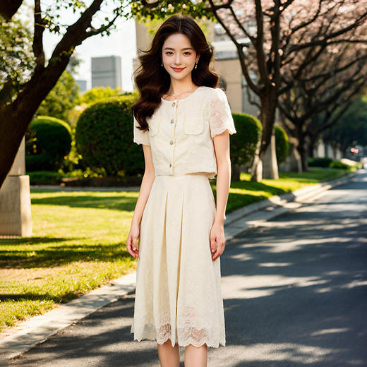 奢姿大码女装2025夏季减龄提花时尚两件套胖妹妹通勤百褶设计套装9952969331 商品图1