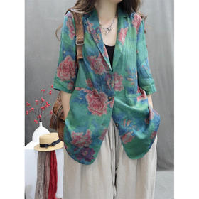 百媚生 苎麻混纺印花复古中袖休闲西服9066