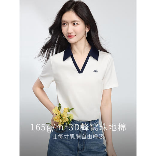 【1件9折】熙世界撞色翻领POLO衫短袖t恤女夏季2025新款小个子显瘦休闲上衣 商品图1