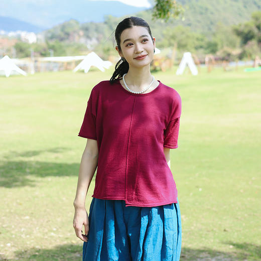 绽放旅行女装209朵/新款设计感苎麻棉短袖套头文艺针织衫上衣T恤 商品图2
