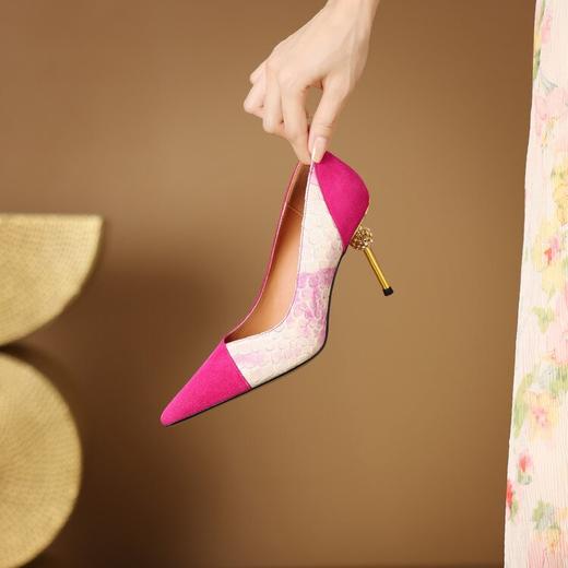 【预售7天】新款真皮气质名媛宴会高跟鞋浅口细跟高级感拼色蟒蛇皮单鞋女CX&361 商品图2