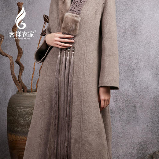 吉祥衣家白绵羊毛水貂毛女装大衣典雅新中式国风韧里飞白毛呢外套 商品图4