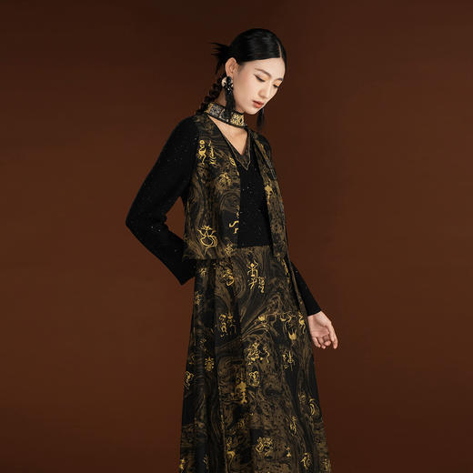 吉祥衣家新中式国风轻奢设计高端黑色假两件女可拆深弘道艺连衣裙 商品图3