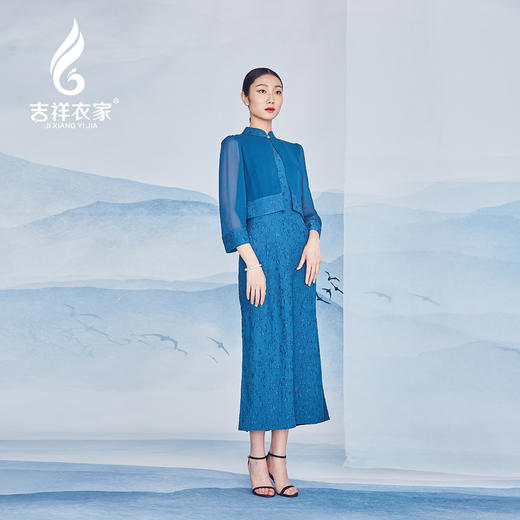 吉祥衣家中国风新中式复古女装2025春夏新款蓝色如烟若梦连衣裙 商品图3