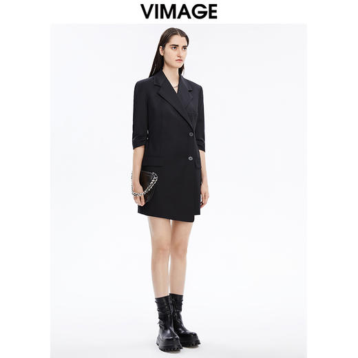 VIMAGE纬漫纪秋季新款洋气西装V领收腰显瘦五分袖短款连衣裙女V1607221 商品图2