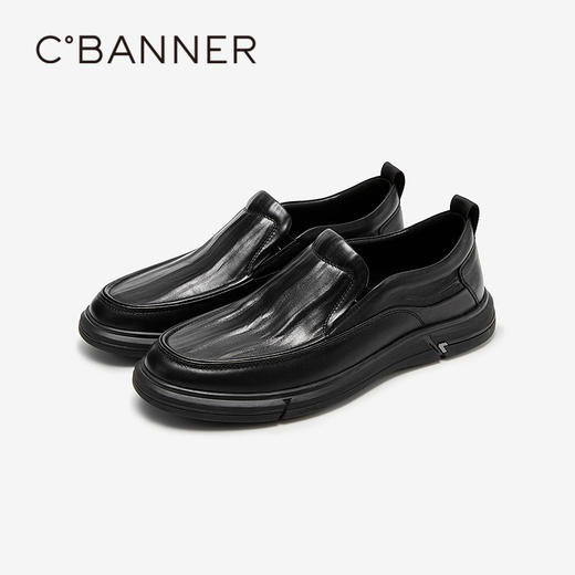 千百度男鞋英伦风手抓皮正装皮鞋黑色一脚蹬休闲皮鞋A25156304 商品图0