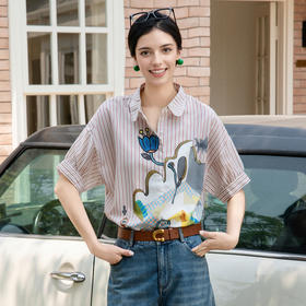 谜底条纹衬衫短袖女2025夏新款通勤风粉色定位印花衬衣256MC6242