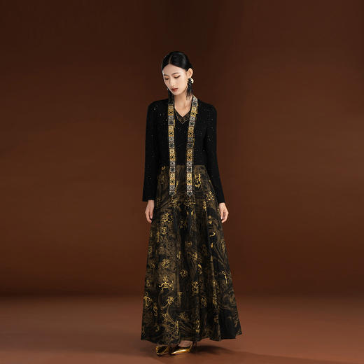 吉祥衣家新中式国风轻奢设计高端黑色假两件女可拆深弘道艺连衣裙 商品图1